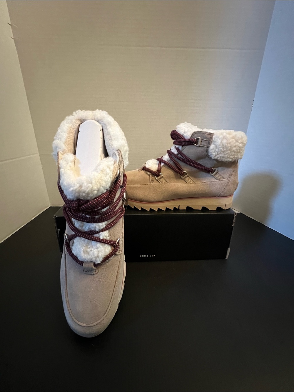 Sorel Women's Taupe Faux-Shearling Ankle Boot with Burgundy Laces
